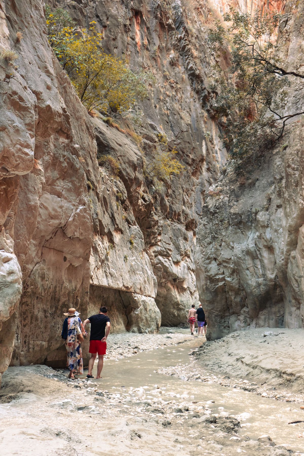 People wading barefoot up a shallow, fast-running milky river between the sheer walls of a narrow gorge